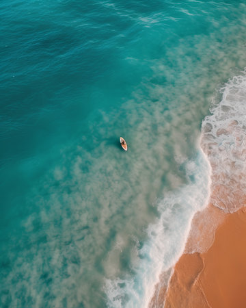 Aerial view of a beautiful sandy beach with a man in a boatの素材