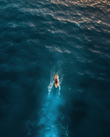 Aerial view of a woman in a kayak on the ocean.の素材