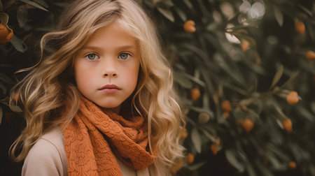 portrait of beautiful little girl with long blonde hair and orange scarfの素材
