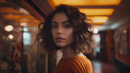 Portrait of a beautiful young woman with curly hair in an orange sweater.の素材