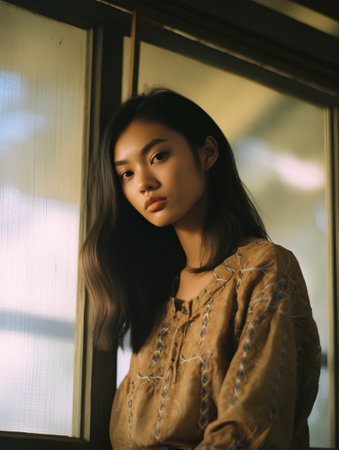 Portrait of a beautiful young asian woman looking through the windowの素材