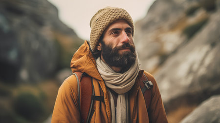 Handsome bearded hipster man with long beard and mustache in a yellow jacket with a hat and scarf on the background of rocksの素材