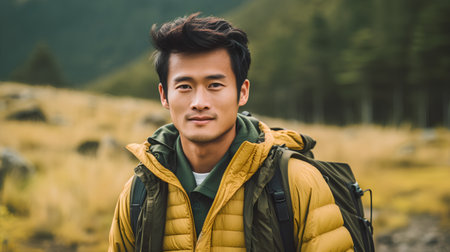 Handsome young Asian man with backpack hiking in the mountains.の素材