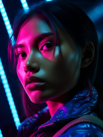 Portrait of a beautiful young asian girl in neon light.の素材