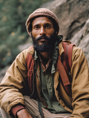 portrait of bearded man with backpack sitting on rock and looking at cameraの素材