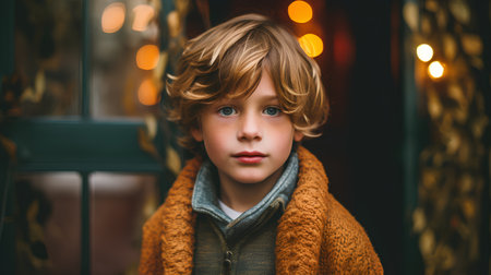 Portrait of a cute little boy with blond curly hair in a yellow knitted sweater and scarf on the streetの素材
