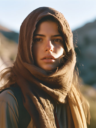 Close up portrait of a beautiful young woman in a brown coat and scarfの素材