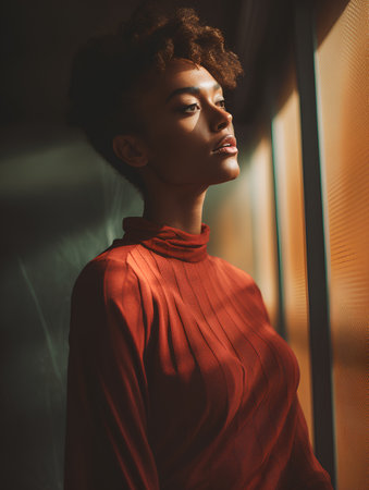 Portrait of a beautiful african american woman in red dressの素材
