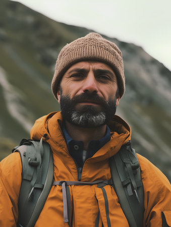 Portrait of a bearded man in a yellow jacket with a backpack on the background of mountains.の素材