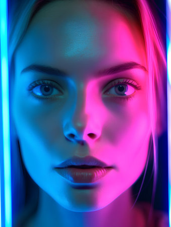 Portrait of a beautiful young woman with blue and pink neon light.の素材