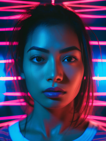 Portrait of a beautiful young woman in neon light. Beauty, fashion.の素材