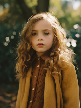 Portrait of a beautiful little girl with long curly hair in a yellow coat.の素材