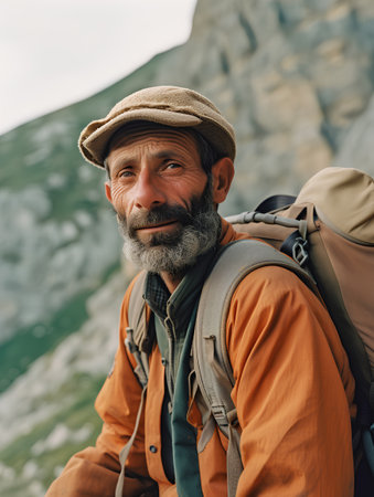 senior hiker with backpack and hat looking at camera in mountainsの素材