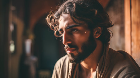 Portrait of a handsome young man with long curly hair and beard.の素材