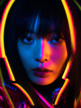 Fashion portrait of beautiful asian woman with neon light on her face.の素材
