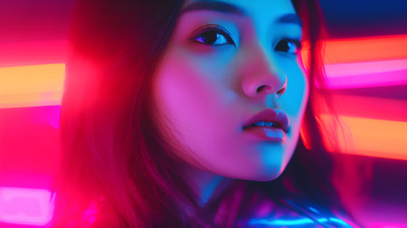 Fashion portrait of young beautiful asian woman in neon light.の素材