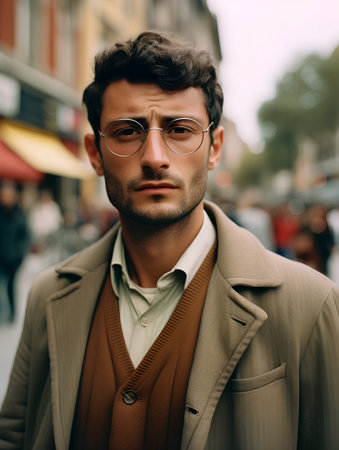 Portrait of handsome young man in eyeglasses on the streetの素材