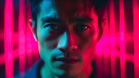 Portrait of a young Asian man with red and blue neon light.の素材