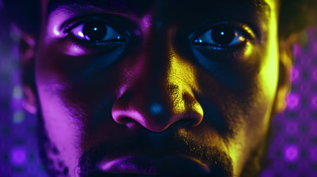 Close-up portrait of a man's face with purple and yellow neon lights.の素材