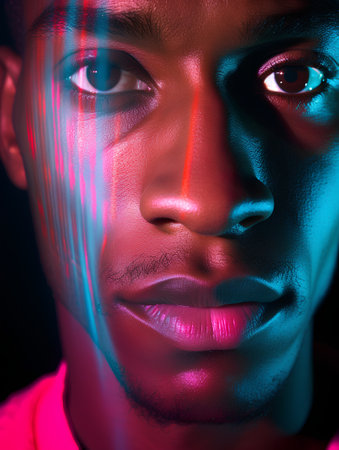 Close-up portrait of a young african american man in neon light.の素材
