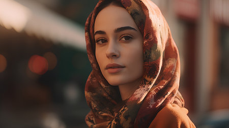 Close up portrait of young beautiful muslim woman in headscarf.の素材