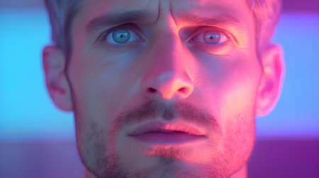 Close-up portrait of a man's face in neon light. Facial expressions, emotions, feelings.の素材