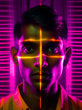 Portrait of a young man with neon lights on his face.の素材
