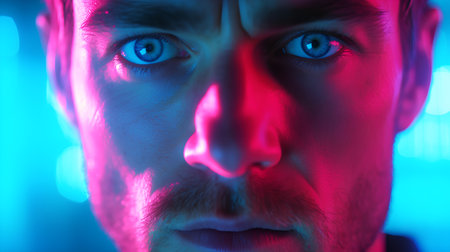 Close-up portrait of a man with blue eyes. Portrait of a young man with a beard.の素材