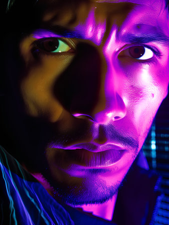 Close-up portrait of a handsome young man in neon light.の素材