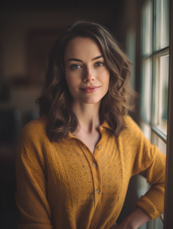 Portrait of a beautiful woman in a yellow sweater standing near the windowの素材