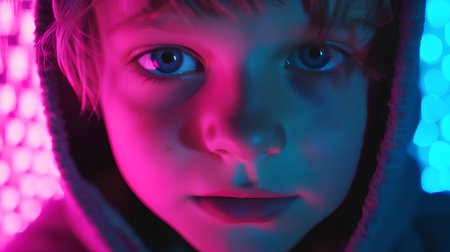Portrait of a boy with blue eyes in a neon light.の素材