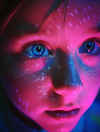 Close-up portrait of a beautiful girl with blue eyes. Neon light.の素材