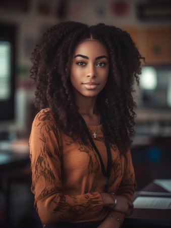 Beautiful african american woman with afro hairstyle posing in office.の素材