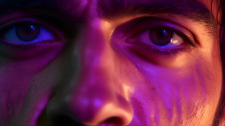 Close-up portrait of a young man with blue eyes in ultraviolet light.の素材