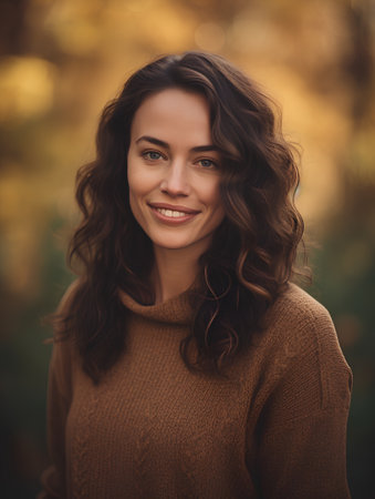 Portrait of a beautiful young brunette woman in autumn park.の素材
