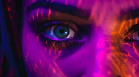 Close-up of a beautiful woman's eye with neon makeup.の素材