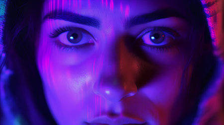 Close-up portrait of a beautiful girl with blue eyes in neon light.の素材