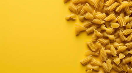 Pasta background. Dry pasta on yellow background. Top view.の素材