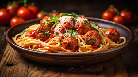 Spaghetti pasta with meatballs in tomato sauce and parmesanの素材