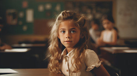 Portrait of a cute little girl sitting in a classroom at schoolの素材