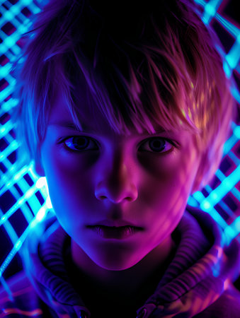 Portrait of a boy in neon light. 3d rendering.の素材