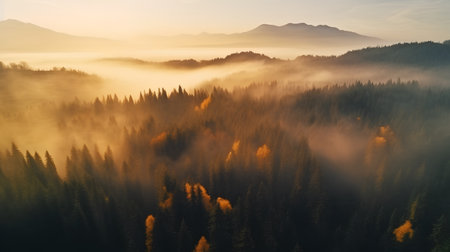 Majestic sunrise in the mountains landscape. Misty morning in the woods.の素材