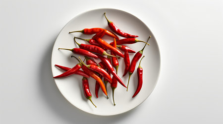 Red hot chili peppers on a white plate. 3d rendering.の素材