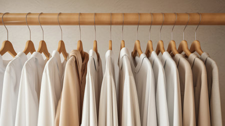 Clothes on hangers in a row. 3d rendering.の素材