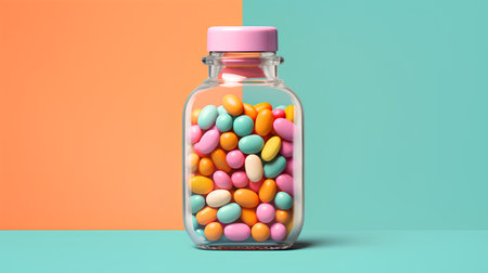 Colorful candies in glass bottle on blue and orange background. 3d renderingの素材