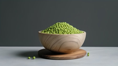 Green peas in a wooden bowl on a gray background with copy spaceの素材