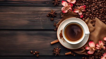 Coffee. Cup of coffee, coffee beans, cinnamon and anise on wooden background.の素材