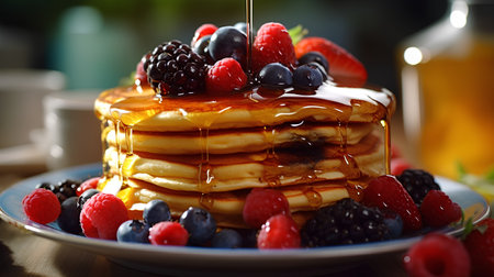 Pancakes with fresh berries and maple syrup. Shallow dof.の素材