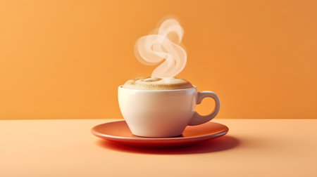 Cup of coffee with steam on orange background. 3d illustrationの素材