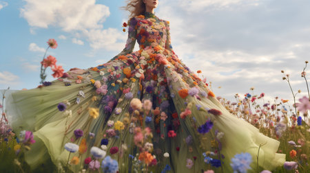 Beautiful girl in a long dress in a field of flowers.の素材